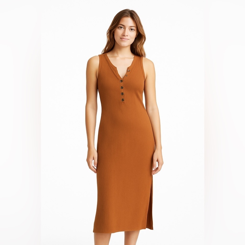 FREE PEOPLE BEACH Rib Ribbed Knit High Slit Henley Tank Top Midi Dress XS